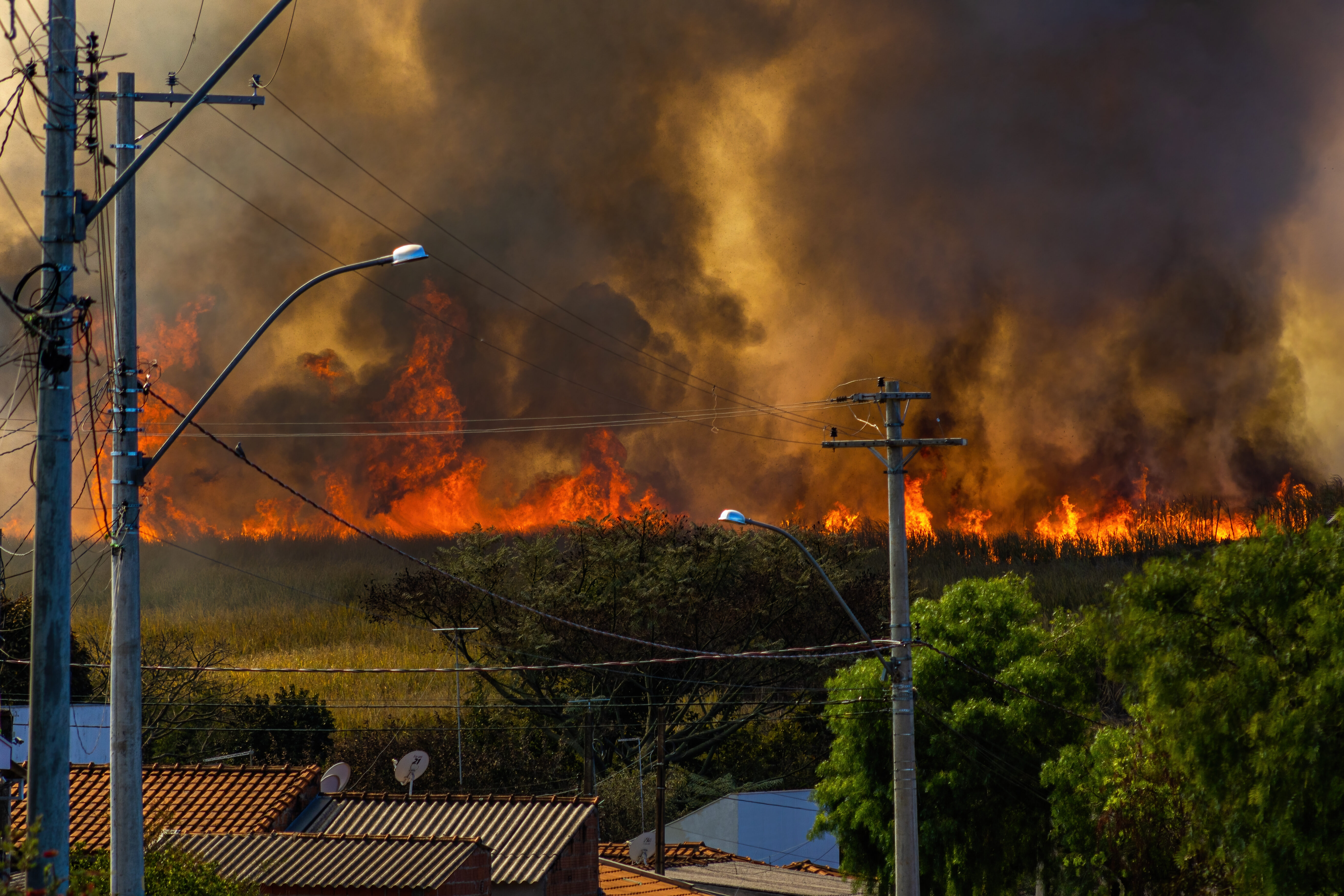 A wildfire burning green field near houses